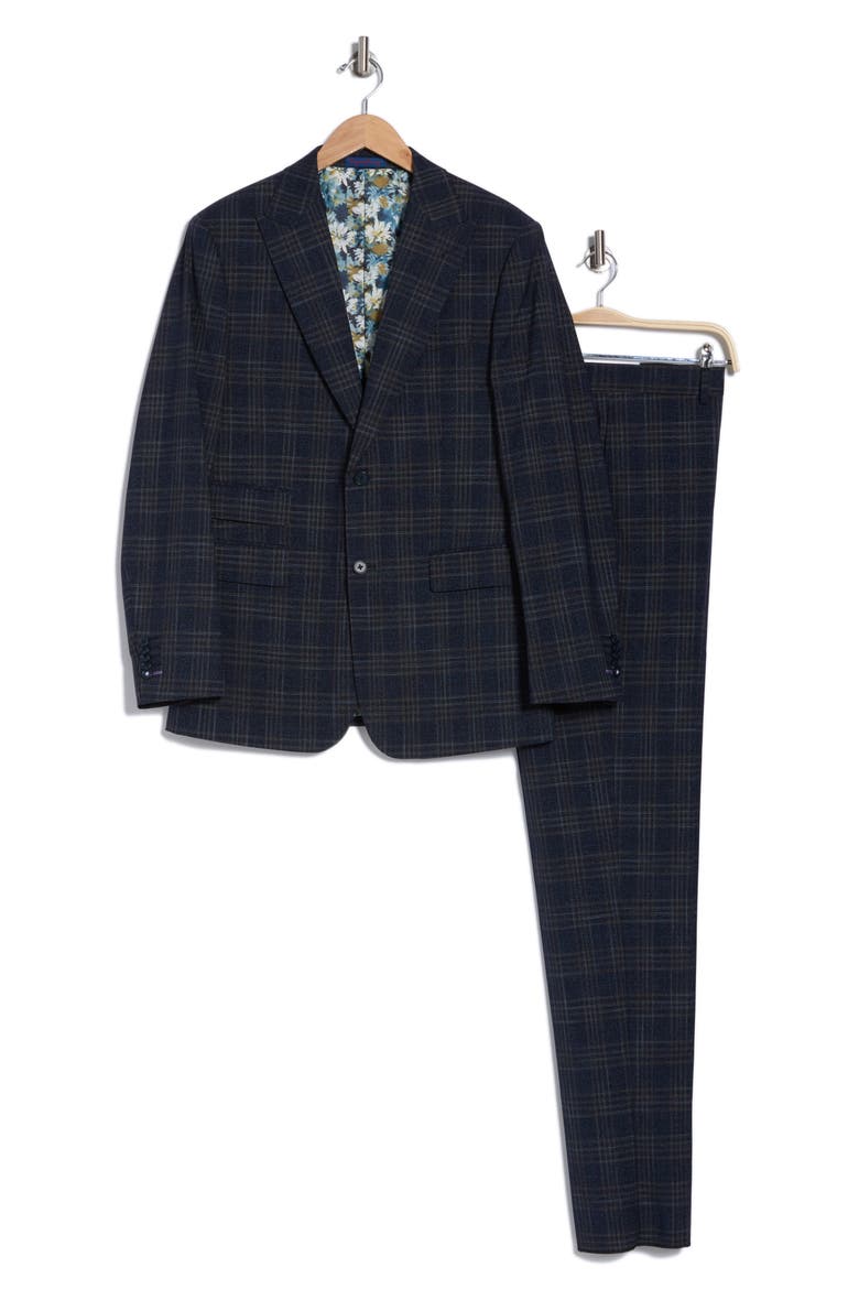 Plaid Trim Fit Peak Lapel Two-Piece Suit, Alternate, color, NAVY