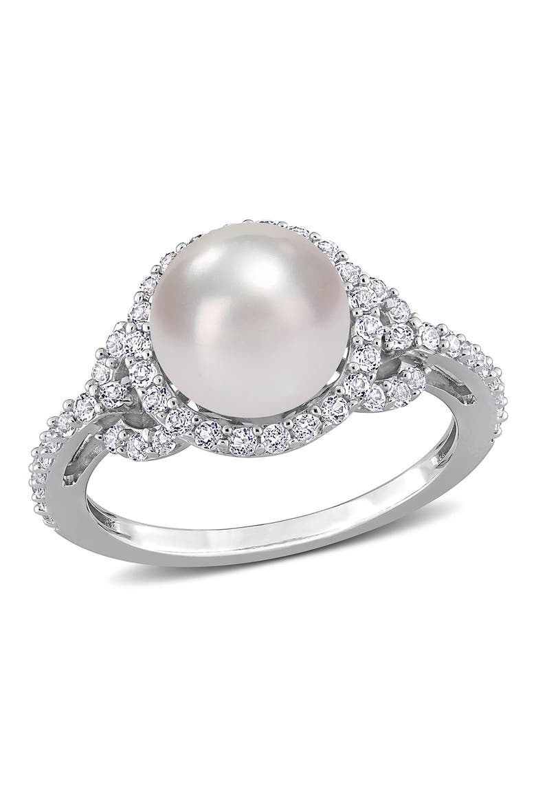 Sterling Silver 8.5-9mm Freshwater Cultured Pearl White Topaz Ring, Main, color, WHITE