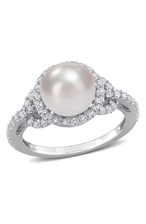 Sterling Silver 8.5-9mm Freshwater Cultured Pearl White Topaz Ring