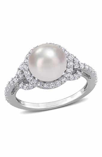 DELMAR Sterling Silver 8.5-9mm Freshwater Cultured Pearl White Topaz Ring