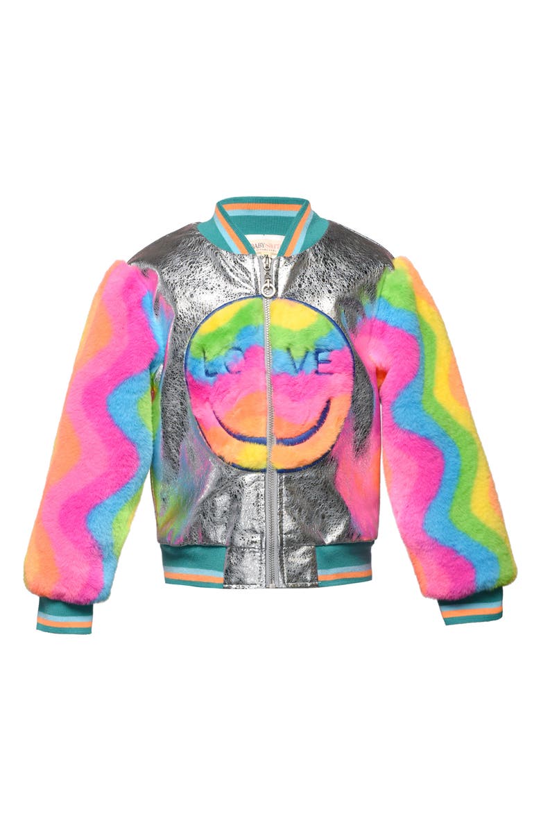 Truly Me Kid's Happy Face Embellished Faux Fur Fleece & Metallic Bomber Jacket, Main, color, 