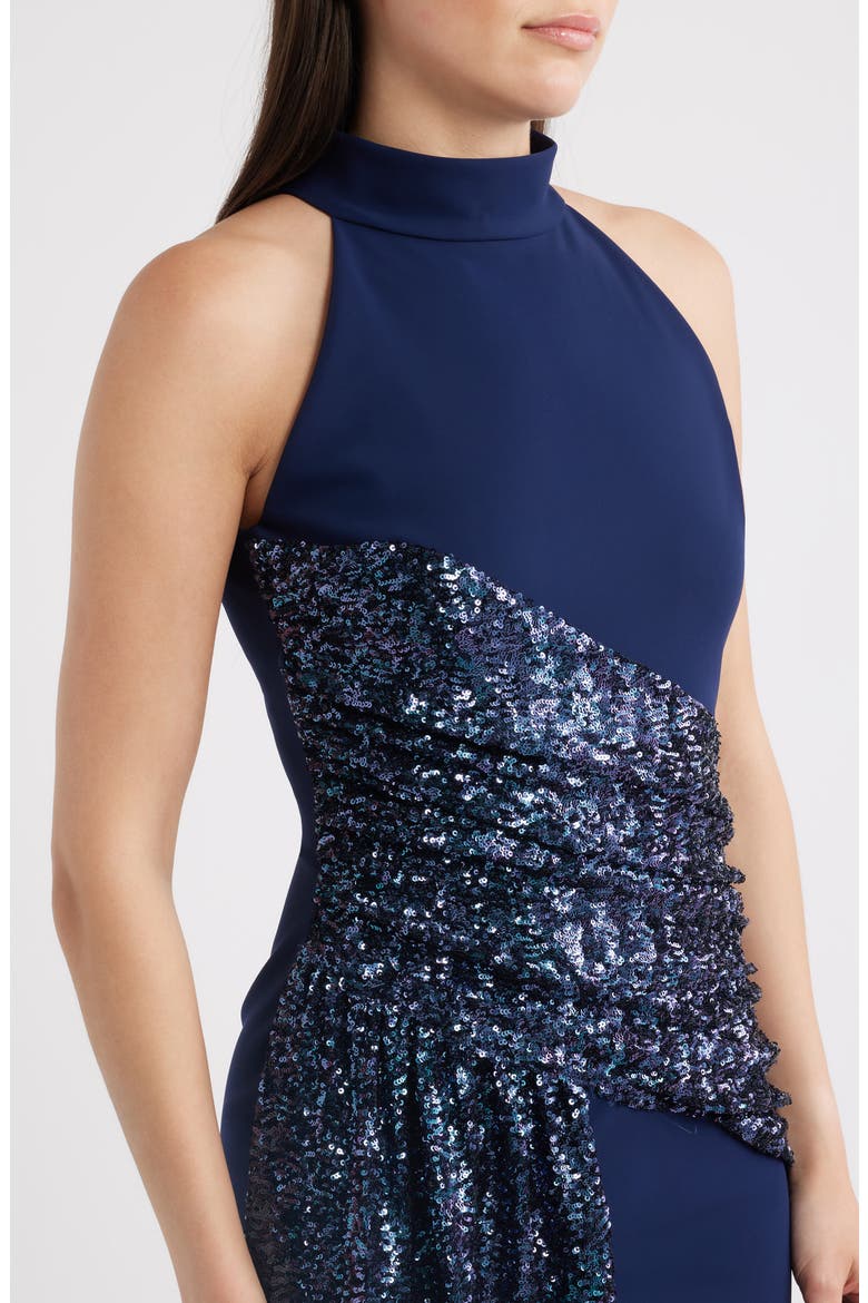 Virgo Sequin Drape Mermaid Gown, Alternate, color, BLUE NOTTE