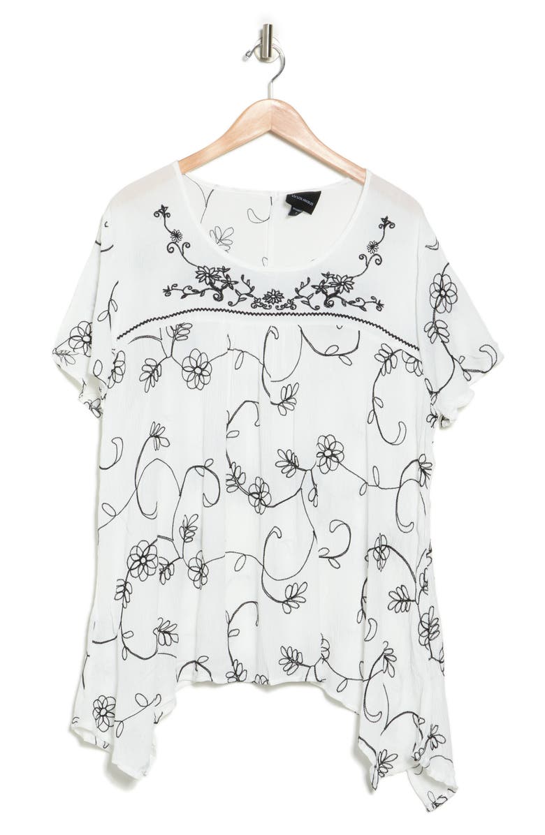 Forgotten Grace Floral Embroidered Sharkbite Tunic Blouse, Alternate, color, White/ Black