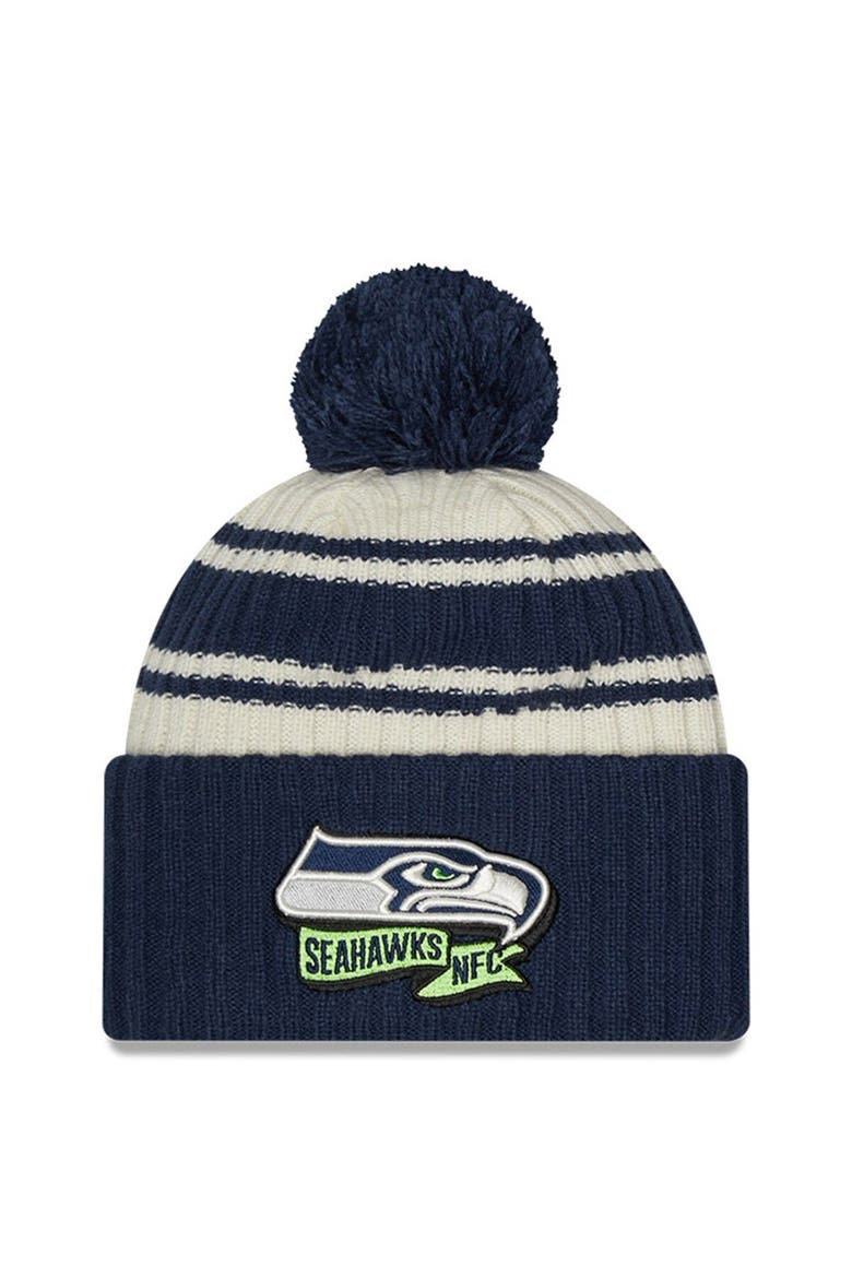 Youth New Era Cream/College Navy Seattle Seahawks 2022 Sideline Sport Cuffed Pom Knit Hat, Main, color, Cream