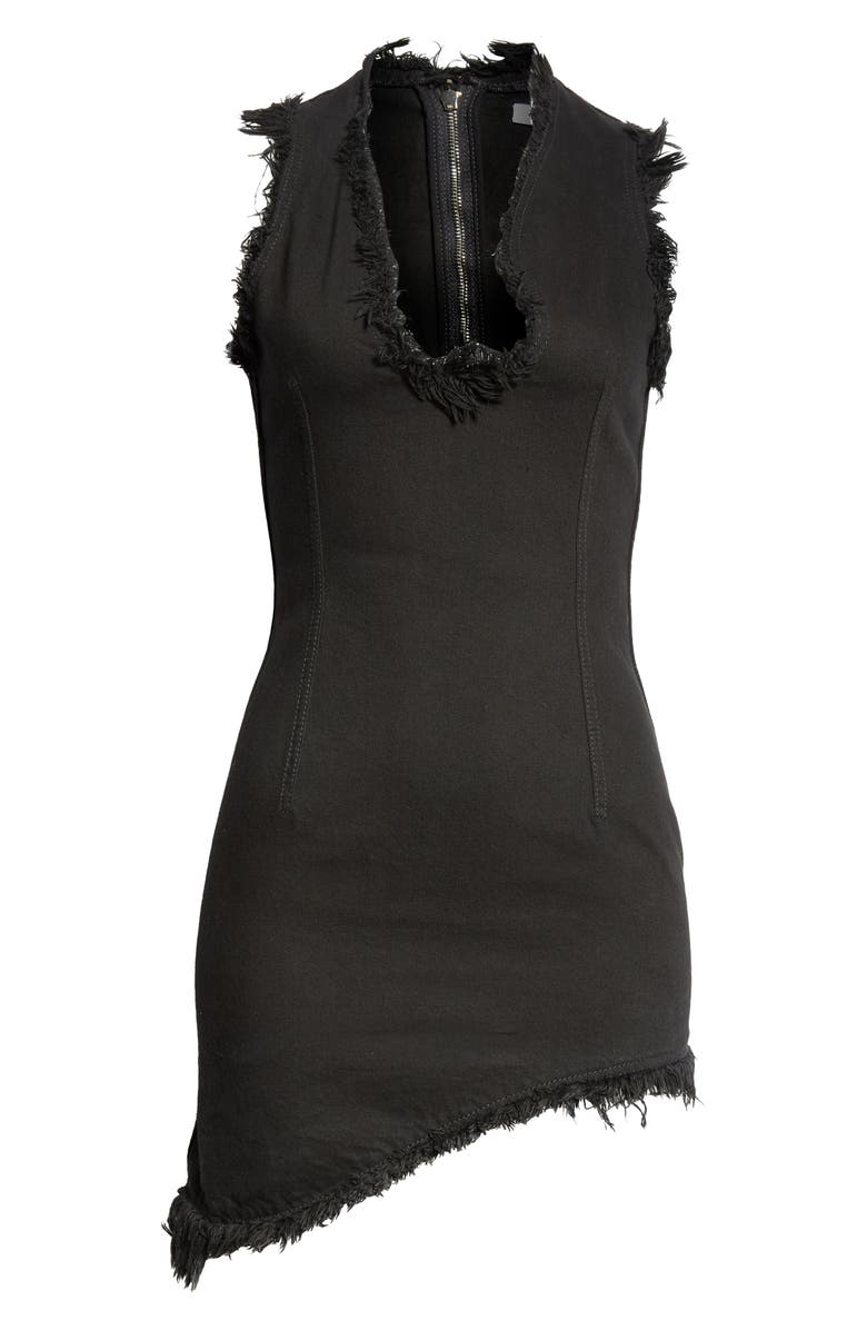 FERRAGAMO Frayed Hem Asymmetric Denim Minidress, Alternate, color, Nero