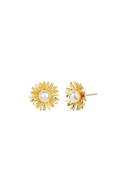 Sterling Silver 18k Gold Plated Flora Pearl Stud Earrings Holiday Gift Idea