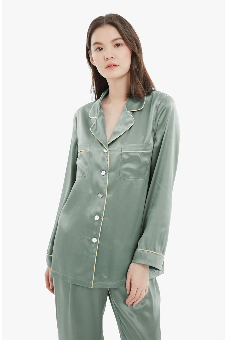Women's Gold Piping Silk Pajamas Set, Alternate, color, Avocado Green