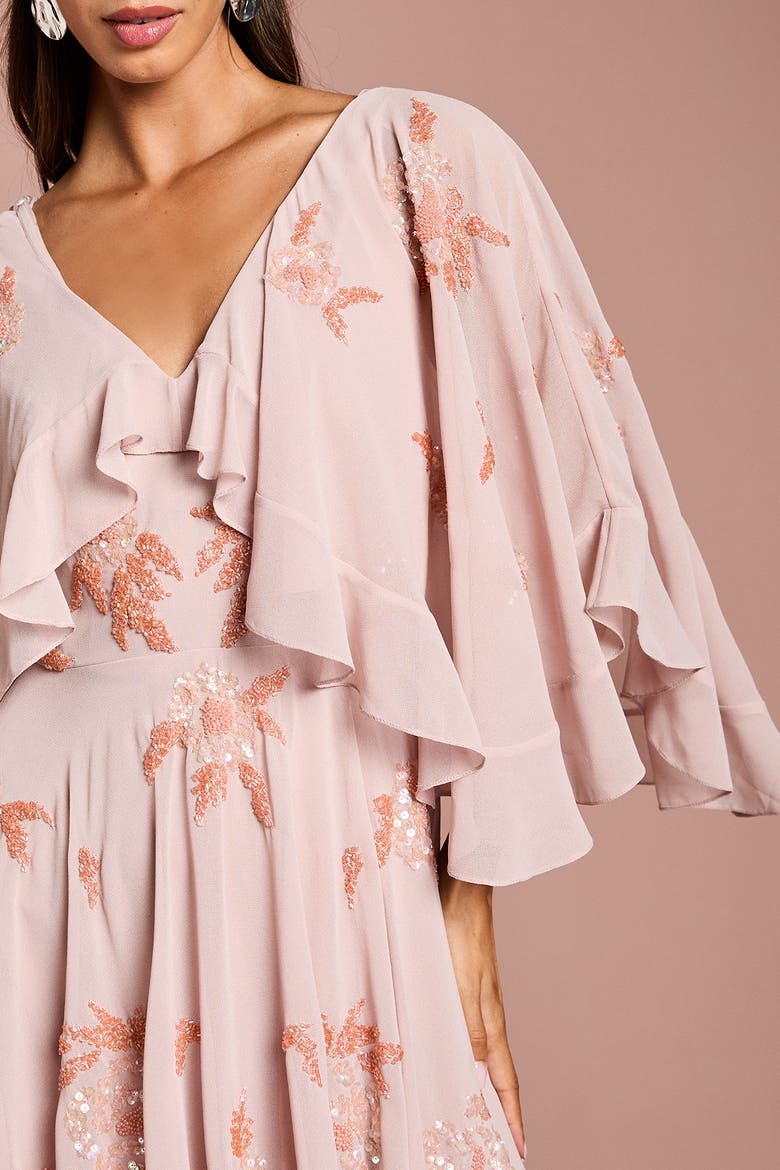 Embellished Frill Cape Midi Dress, Alternate, color, Nude