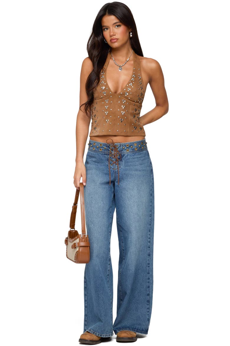 Xaria Studded Faux Suede Halter Top, Alternate, color, BROWN
