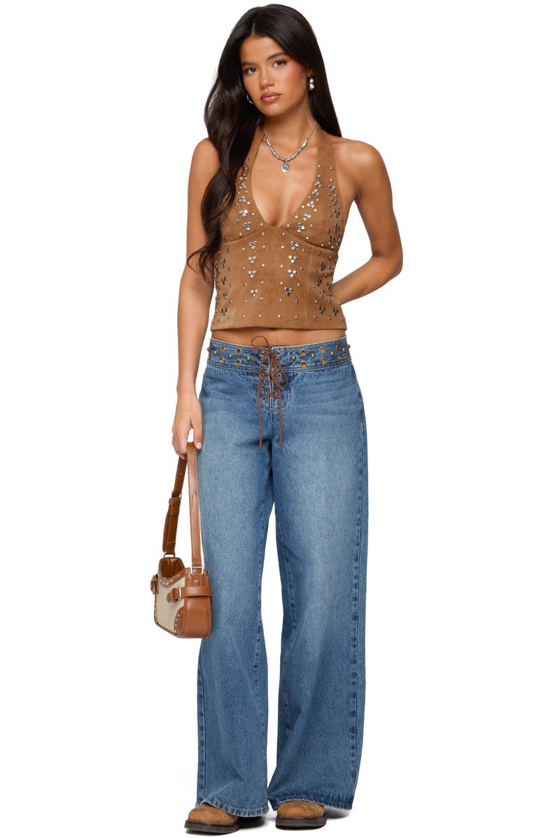 EDIKTED Xaria Studded Faux Suede Halter Top, Alternate, color, Brown