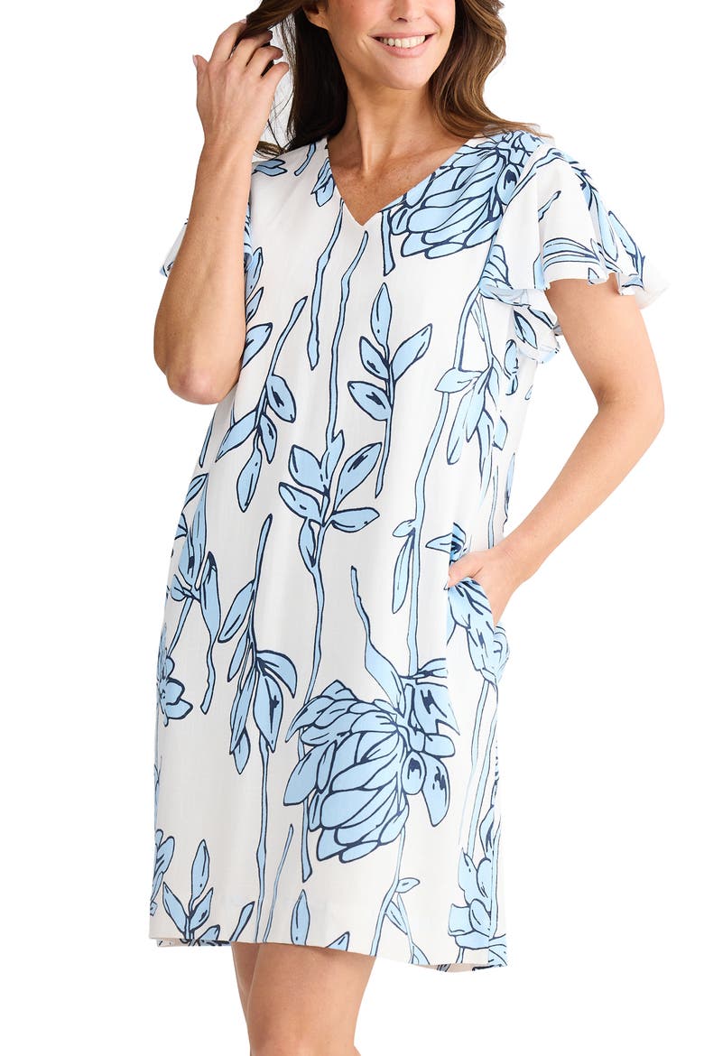 Jemma Floral Print Flutter Sleeve Shift Dress, Alternate, color, COASTAL BLOOM