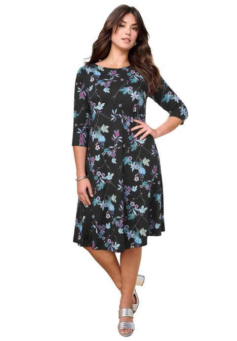 Plus Size 3/4 Sleeve Boatneck Swing Dress