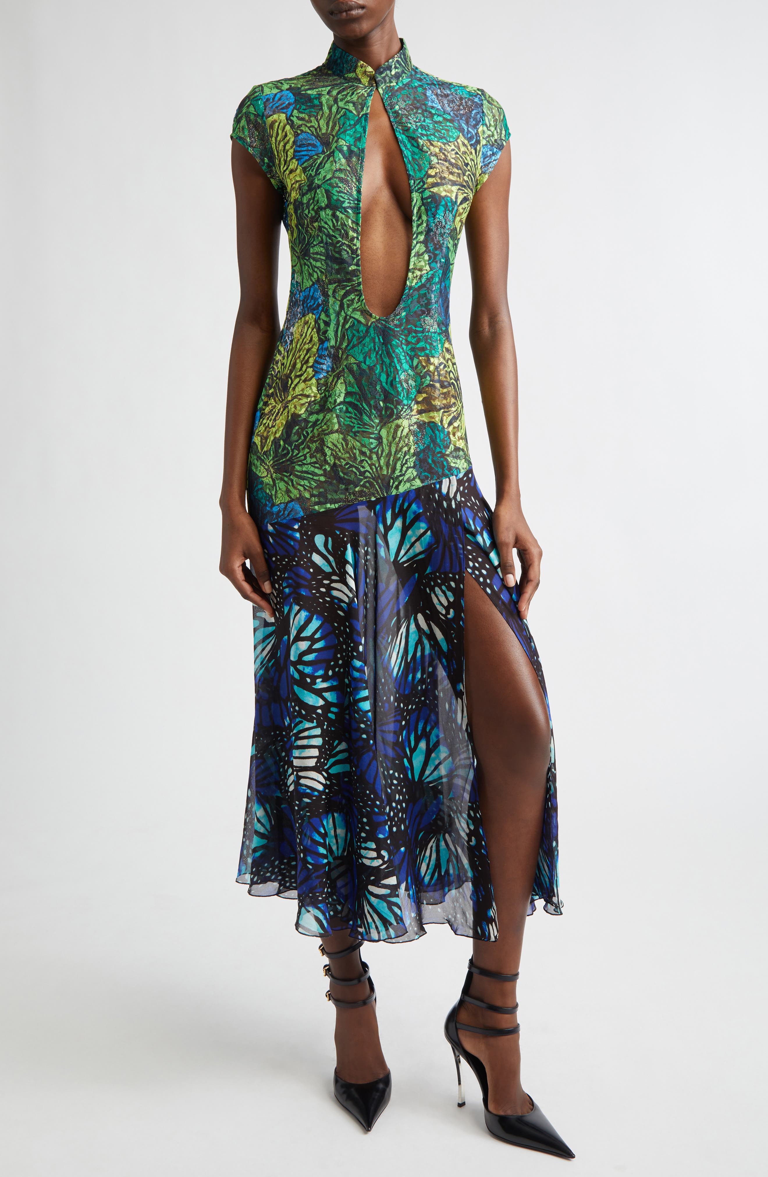 butterfly print chiffon dress Butterfly Print Lace & Silk Chiffon Plunge Neck Dress (Women)