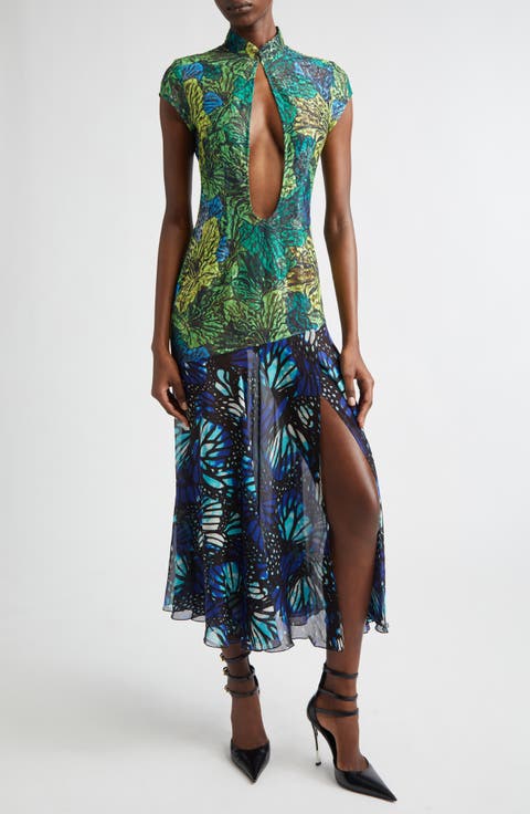 Butterfly Print Lace & Silk Chiffon Plunge Neck Dress