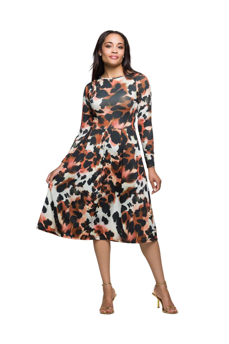 Long Sleeve Midi Dress in Animal Print, Main, color, Brown Multi