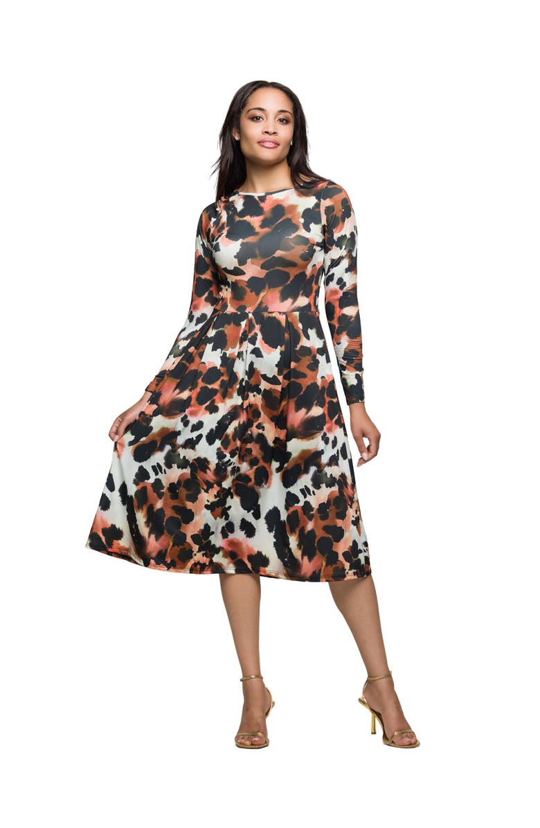24seven Comfort Apparel Long Sleeve Midi Dress in Animal Print, Main, color, Brown Multi
