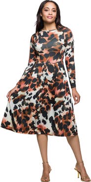 24seven Comfort Apparel Long Sleeve Midi Dress in Animal Print