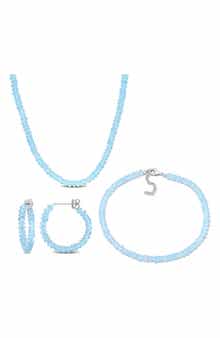 Beaded Blue Topaz Hoop Earrings, Bracelet & Necklace Set