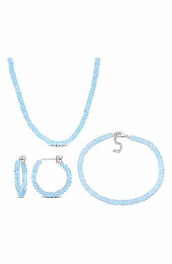 Beaded Blue Topaz Hoop Earrings, Bracelet & Necklace Set