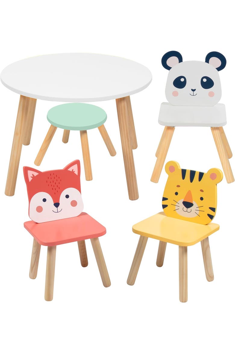Kids Wooden Animal Table & Chair Set w 4 Seats- Tiger Panda Fox & Adult Stool, Main, color, None