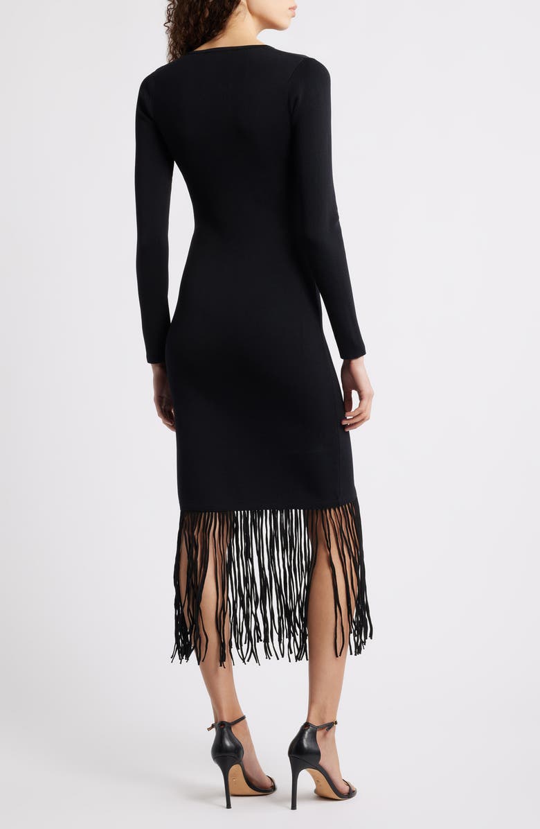 Elie Tahari Roma Fringe Hem Long Sleeve Body-Con Dress, Alternate, color, Noir