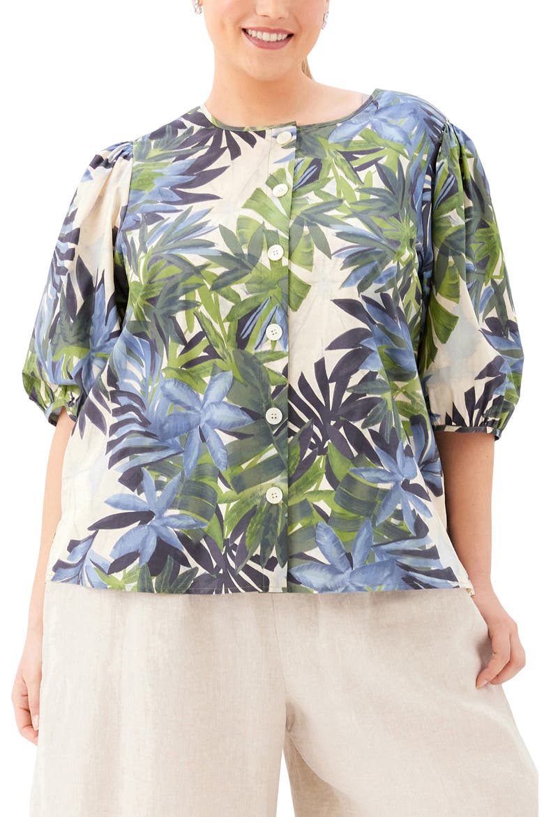 Frond Print Puff Sleeve Button-Up Shirt, Main, color, PRINT