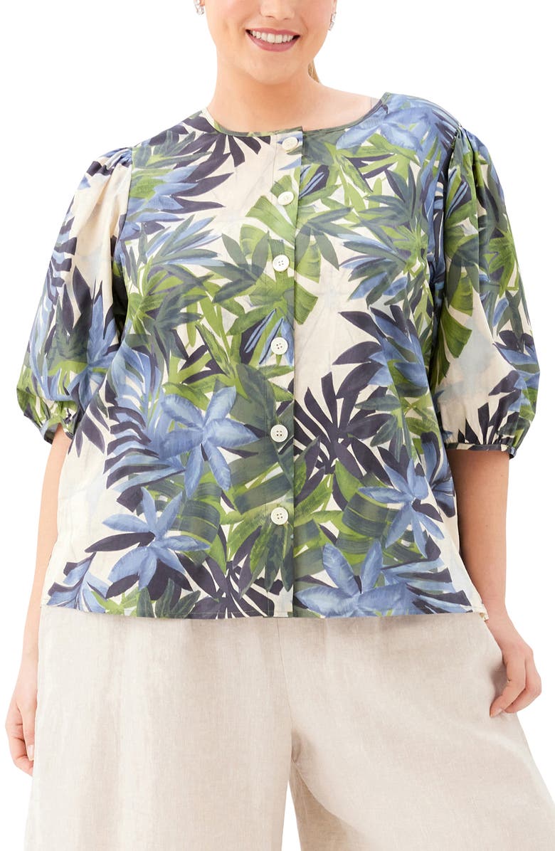 Karen Kane Frond Print Puff Sleeve Button-Up Shirt, Main, color, Print