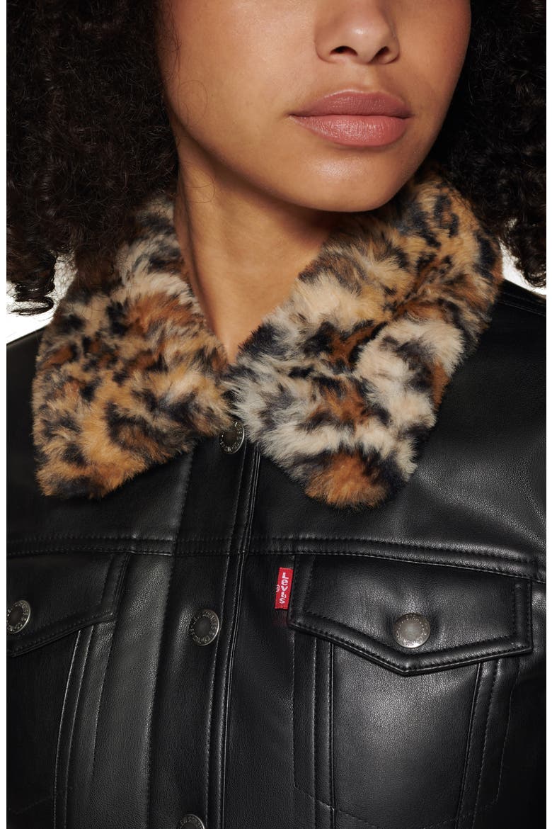 Levi's® Faux Fur Collar Faux Leather Trucker Jacket, Alternate, color, LEOPARD BLACK