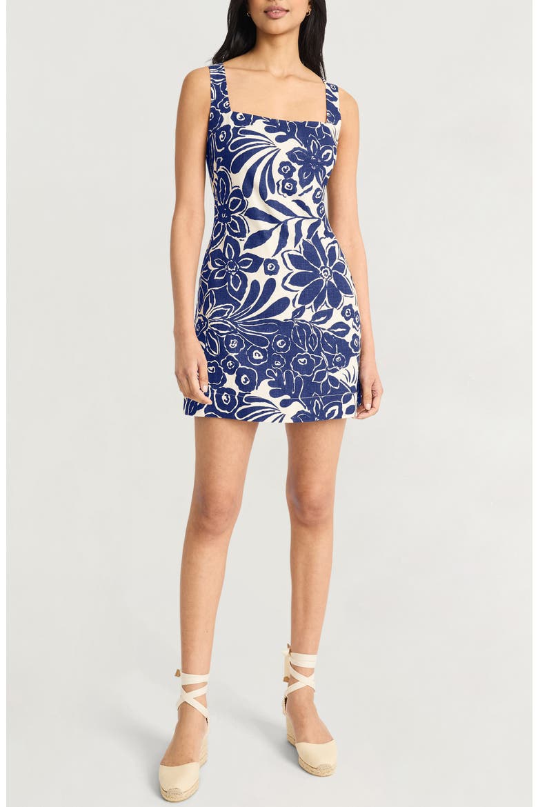 Floral Sleeveless Linen Blend Minidress, Main, color, SOFT WHITE/ NAVY