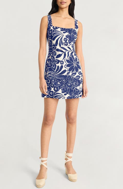 Floral Print Square Neck Linen Blend Minidress