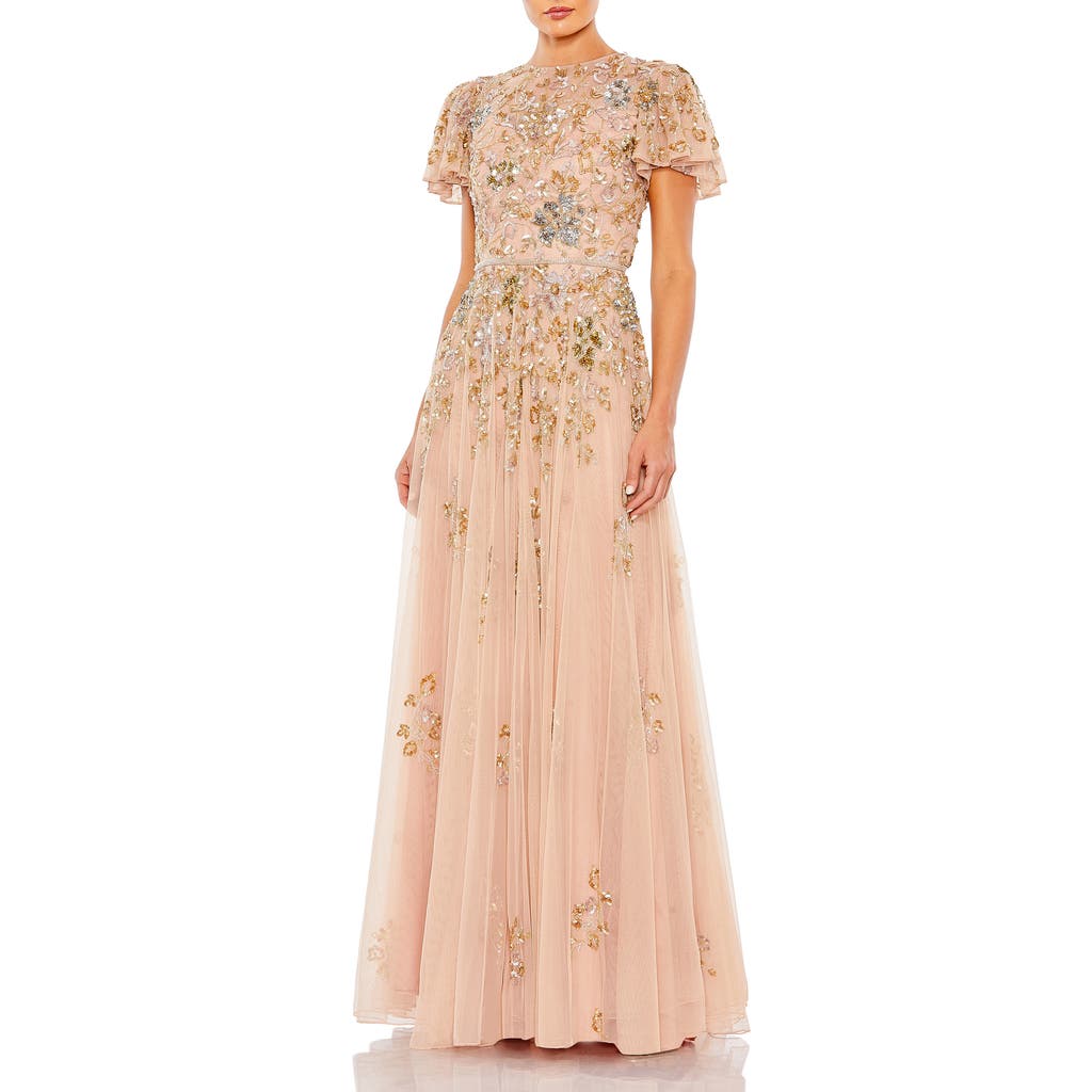 Mac Duggal Embellished Butterfly Sleeve High Neck Gown In Neutral