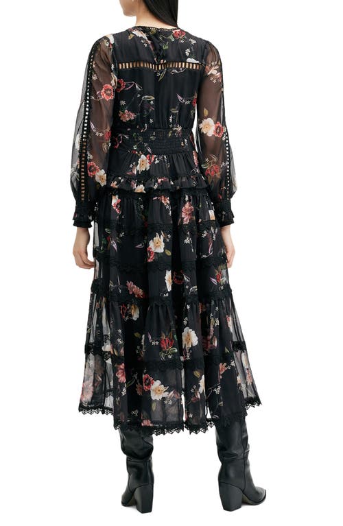 Allsaints Zora Floral Ruffle Midi Dress In Unity Black