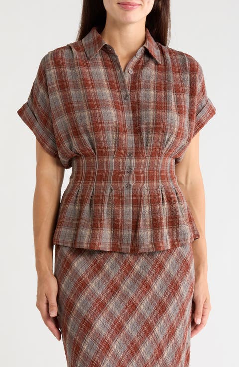 Plaid Pintucked Short Sleeve Shirt
