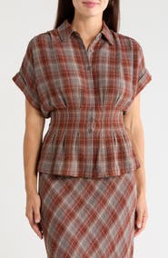 MAX STUDIO Plaid Pintucked Short Sleeve Shirt