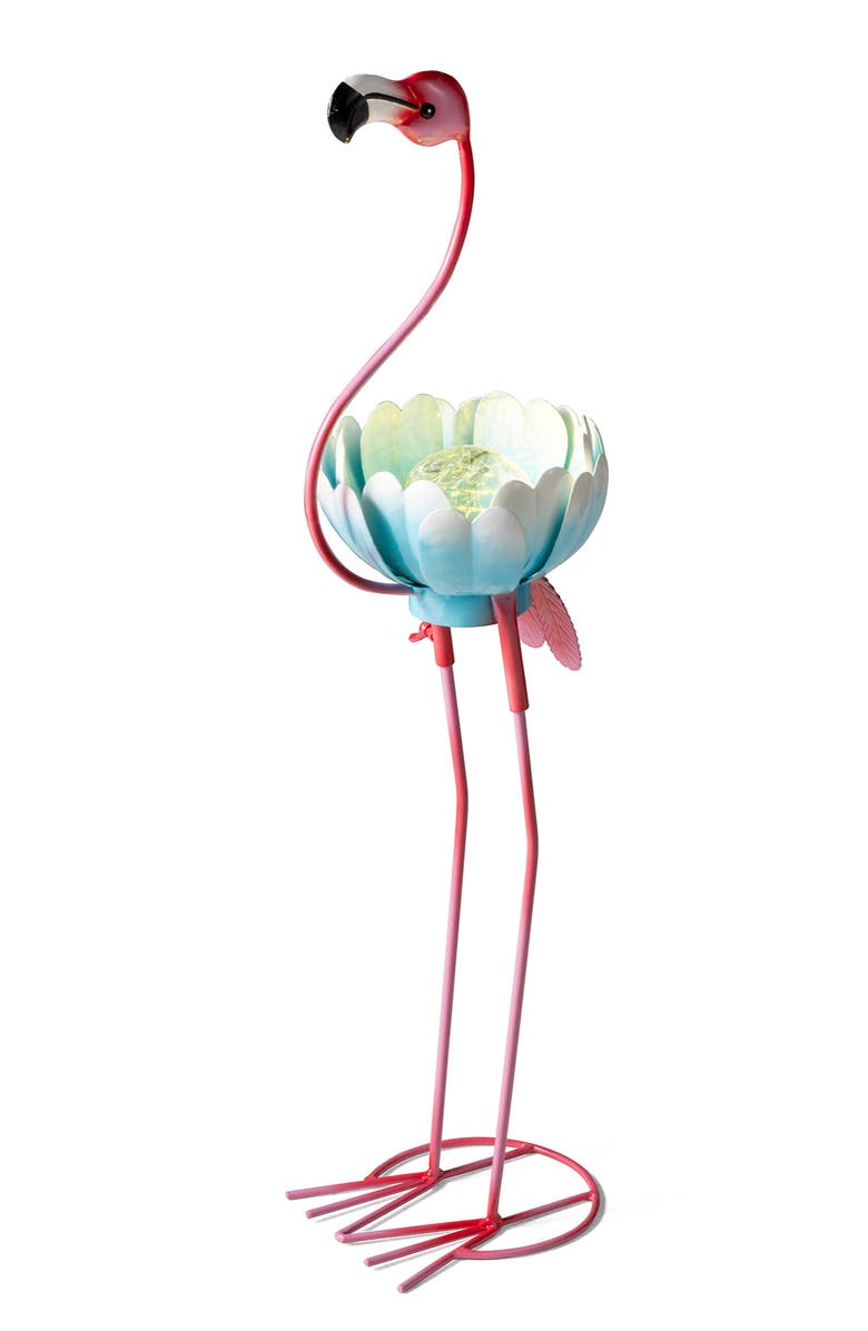 Glitzhome 26.25"H Metal Solar Standing Flamingo Garden Statue, Main, color, Pink