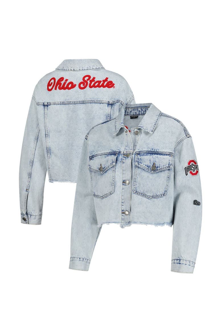Women's Hype and Vice Denim Ohio State Buckeyes Lightwash Cropped Button-Up Jean Jacket, Main, color, Denim