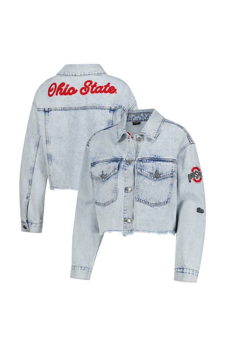 Hype and Vice Women's Hype and Vice Denim Ohio State Buckeyes Lightwash Cropped Button-Up Jean Jacket, Main, color, Denim