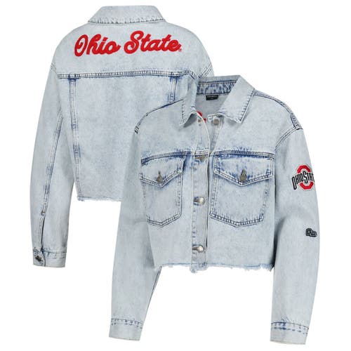 Hype And Vice Denim Ohio State Buckeyes Lightwash Cropped Button-up Jean Jacket In Blue