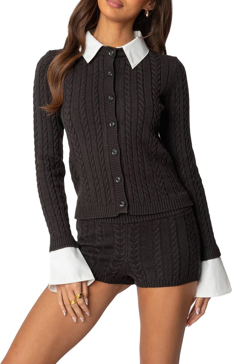 EDIKTED Avey Cable Knit Cardigan with Removable Cuffs & Collar, Main, color, Dark-Gray