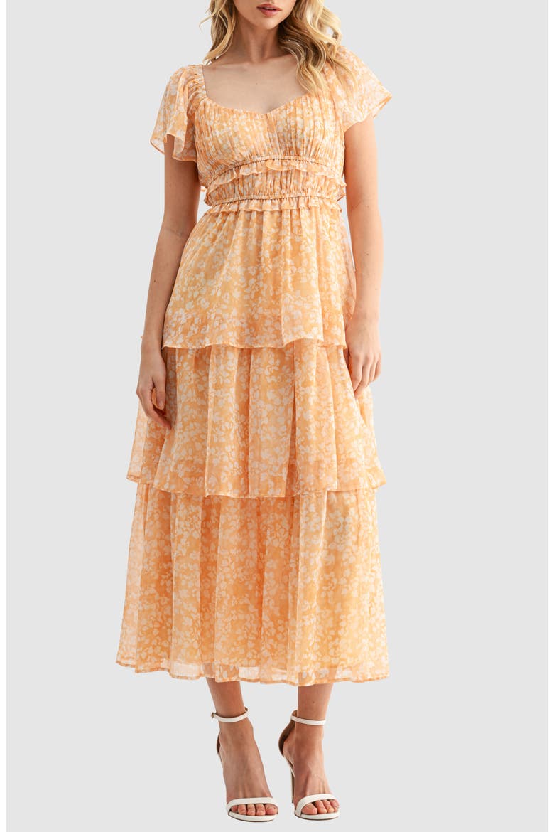 Floral Print Pleated Tiered Midi Dress, Main, color, MUSTARD FLORAL