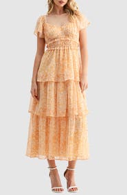 Mila Mae Floral Print Pleated Tiered Midi Dress