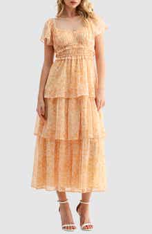 Floral Print Pleated Tiered Midi Dress