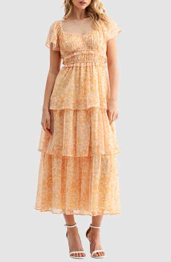 Floral Print Pleated Tiered Midi Dress