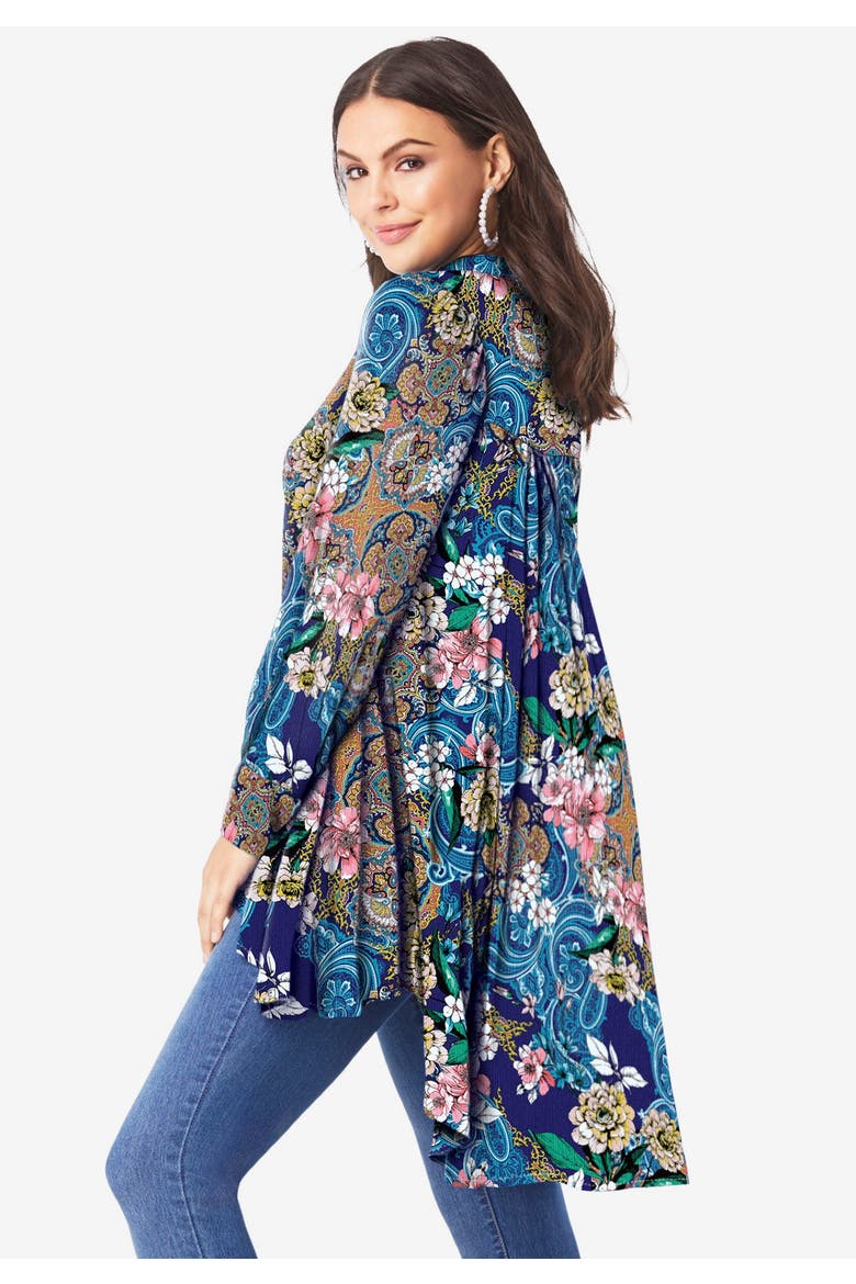 Hand Crinkled Fit And Flare Tunic, Alternate, color, NAVY PAINTERLY ROSES