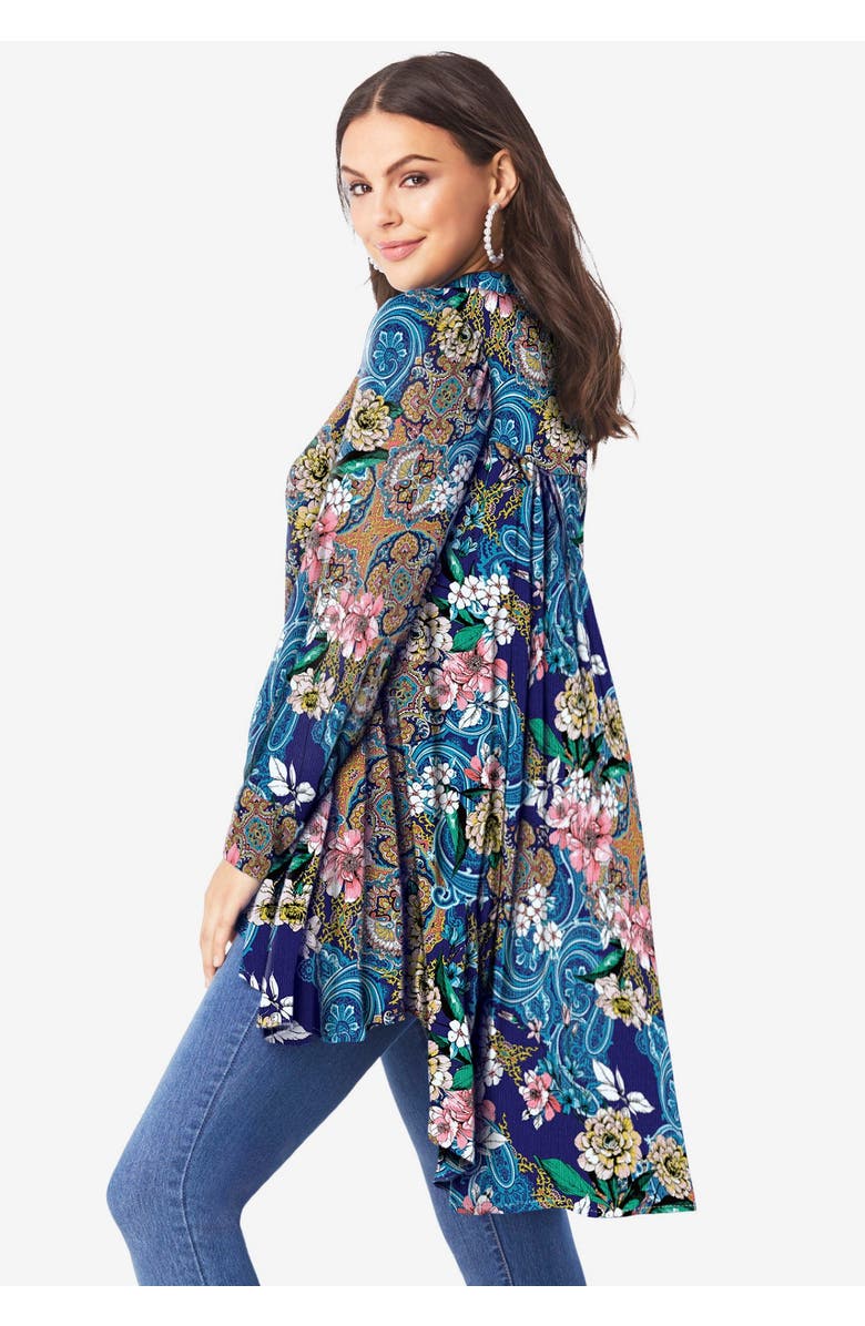 Roaman's Hand Crinkled Fit And Flare Tunic, Alternate, color, Navy Painterly Roses