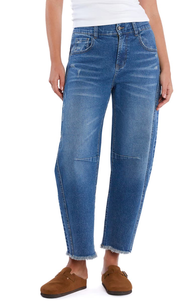 HINT OF BLU Taylor Frayed Crop Barrel Jeans, Main, color, Perfect Blue