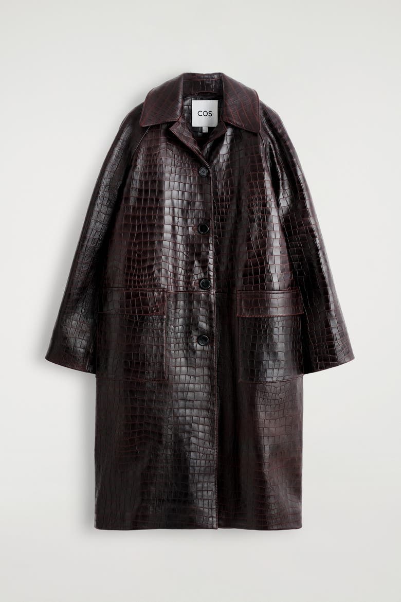 Croc-effect Leather Long Coat, Alternate, color, DARK BROWN