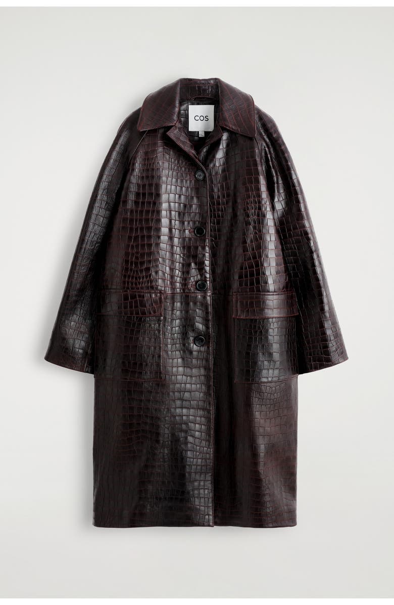 COS Croc-effect Leather Long Coat, Alternate, color, Dark Brown