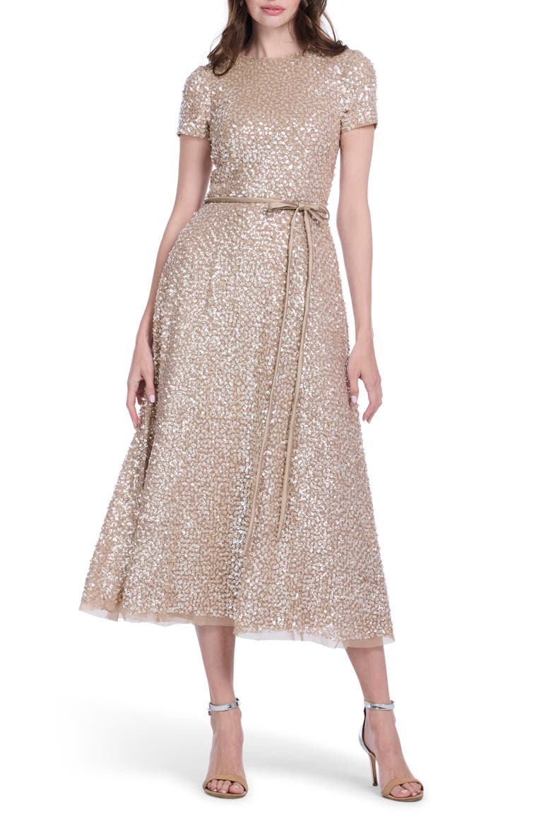 Sequin Encrusted Translucent Tie Waist Cocktail Dress, Main, color, SUNTAN