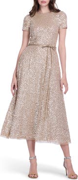 EMILY SHALANT Sequin Encrusted Translucent Tie Waist Cocktail Dress